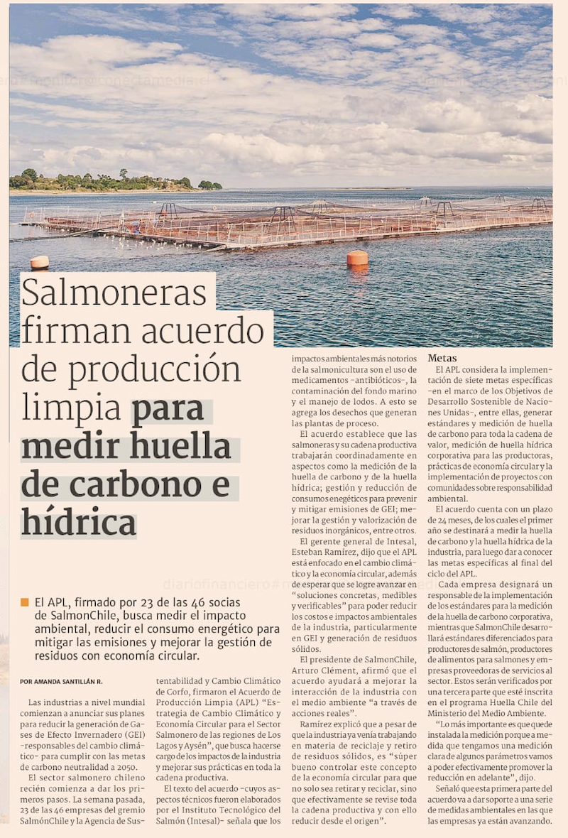 Salmoneras firman acuerdo de producción limpia para medir huella de carbono e hídrica