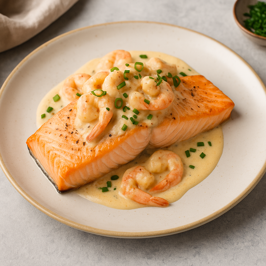 Salmão com molho de camarão: todo o sabor do mar