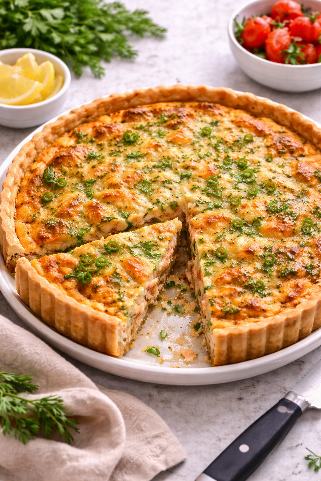 Quiche de salmón horneada con masa dorada y relleno cremoso, servida en plato con una porción cortada.