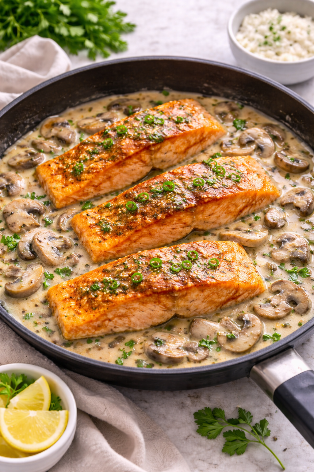 Salmón de Chile con salsa de champiñones